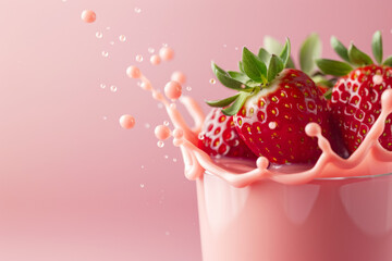 Wall Mural - Fresh strawberry plunging into juice with splash, isolated on a gradient background 
