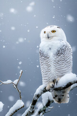 Wall Mural - Majestic snowy owl perched on branch during snowfall