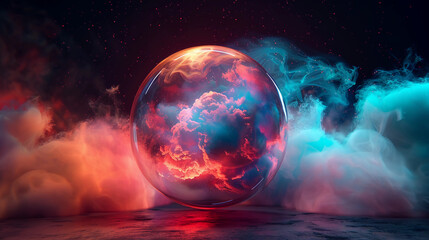 Wall Mural - 3d spectacular cosmic cloud explosion within transparent sphere with red background. nebula and star