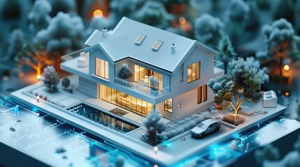 Aufkleber - AI algorithms seamlessly adjusting home heating and cooling systems based on occupancy patterns and weather forecasts, maximizing comfort while minimizing energy. isometric, 3D. Generative AI.