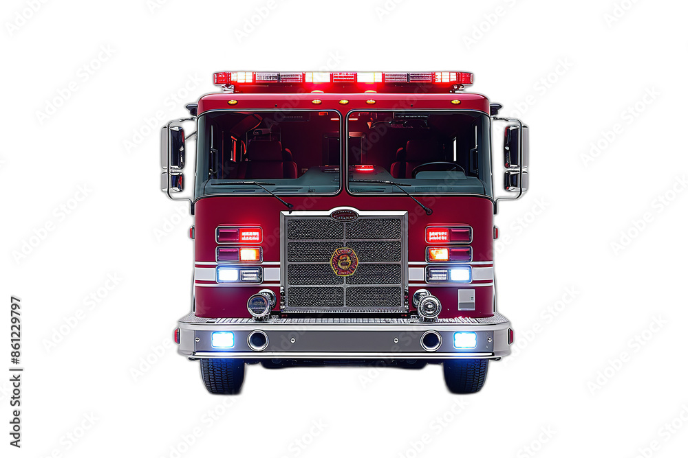 A red fire truck with its lights on, showcasing its front view on a ...