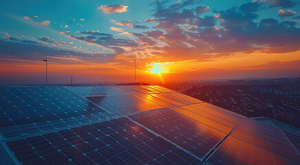 Poster - Panel solar energy photovoltaic power roof sun home cell system green house eco industry. Solar energy building panel future electric engineer technology ecology sunset. Generative AI.