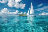 sleek sailboat gliding through crystalclear turquoise waters white sails billowing against a cloudless azure sky palmfringed tropical island visible in the distance