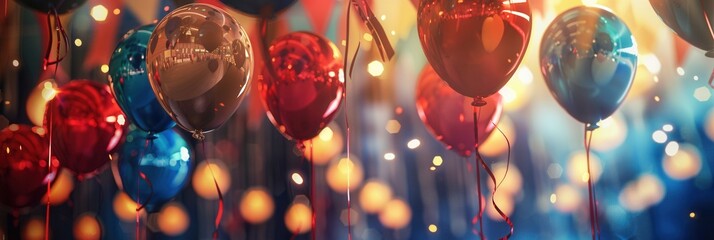 Canvas Print - Close-up shot of colorful balloons with congratulatory messages and university symbols at a graduation party celebration. Generative AI