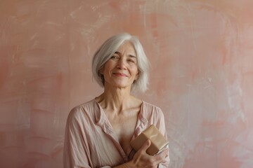 Wall Mural - Portrait of a joyful woman in her 50s holding a gift isolated on bare monochromatic room