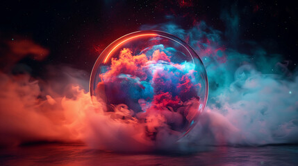 Wall Mural - 3d spectacular cosmic cloud explosion within transparent sphere with red background. nebula and star