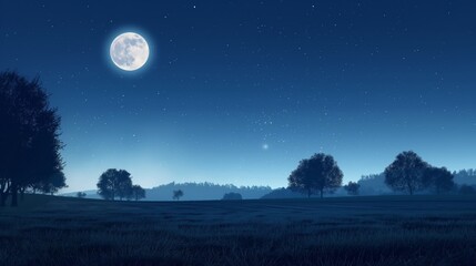 A bright full moon illuminating a peaceful field with trees, a clear starry night sky, and rolling hills in the distance.