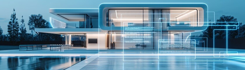 Poster - Within a cutting-edge neighborhood characterized by futuristic architecture, a digital foreclosure notice appears on a transparent holographic display outside a residence. The scene conveys the