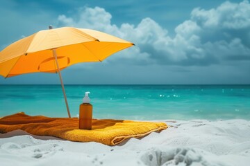 sunscreen bottle nestled in soft beach towel under vibrant yellow umbrella crystalclear turquoise waters and white sand visible beyond summer vacation essence captured