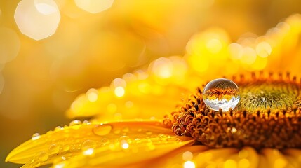 Wall Mural - Vibrant Yellow Sunflower Petal with Magnifying Water Drop Concept