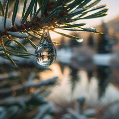 Canvas Print - Captivating Water Drop on Pine Needle Reflecting Snowy Landscape