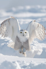 Wall Mural - Snowy owl taking flight from snowdrift with wings spread