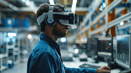 Aufkleber - An industrial design engineer in a high-tech factory office, utilizing VR technology for product design and development, surrounded by machinery and computers, with space for text. Generative AI.