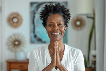 Wall Mural - Portrait of a smiling afro-american woman in her 40s joining palms in a gesture of gratitude in front of stylized simple home office background