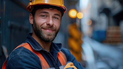 Fototapete - An electrician with a clean dark blue uniform and a helmet standing and posing, outdoors on the street asphalt ground smiling into the camera. Generative AI.