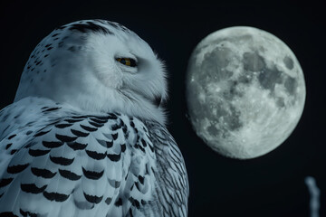 Wall Mural - Snowy owl perched under full moon on dark night