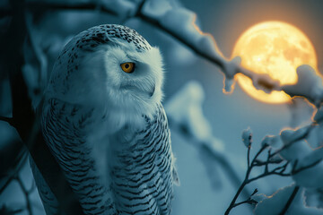 Wall Mural - Snowy owl perched on branch under full moon