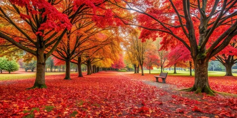 Sticker - vibrant red leaves covering the ground in a serene autumn park setting, autumn, park, red, leaves, f