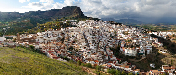 Panoramic view of the Andalusian white town of Alora in spring, seen from the castle