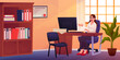 © Natalia - Office meeting. Principal school room. Executive woman working at computer desk. Workplace background. Staff workspace. Cartoon businessman job. Cabinet for business folders. Vector interior furniture