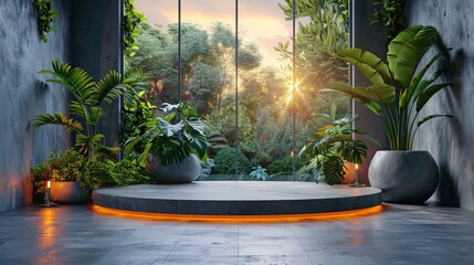 Wall Mural - Round concrete platform with potted tropical plants in a modern room with large windows.