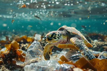 Wall Mural - Turtle and plastic bag underwater in the ocean, environmental pollution