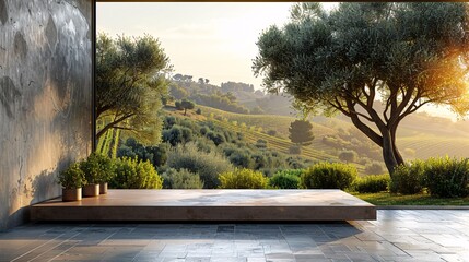 Poster - Concrete platform in a vibrant flower garden with a scenic view of rolling hills at sunset.