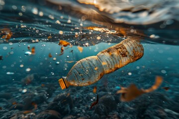 Wall Mural - plastic bottle underwater in the sea or ocean, environmental pollution with garbage