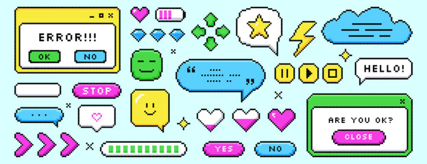 Fototapete - set of pixel dialogue boxes different shapes. color chat speech bubbles, buttons, message frames, ba
