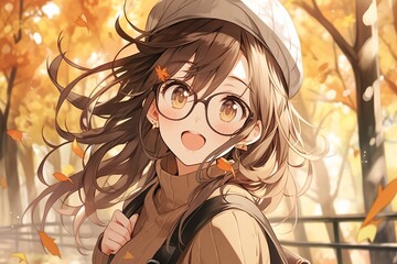 Wall Mural - beautiful happy smiling brown haired anime girl in glasses in the autumn park