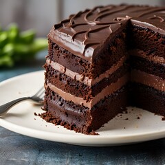 A mouth-watering slice of chocolate cake with layers of rich frosting, served on a rustic plate

