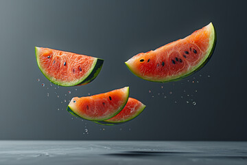 Wall Mural - Cut Watermelon Slices Floating in Mid Air on Light Gray Background