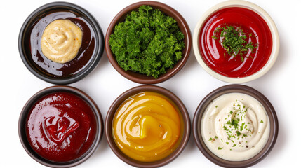 Wall Mural - Various sauces in a ceramic bowl from above. Mustard, burger sauce, tartar, and ketchup are all isolated on a white background.