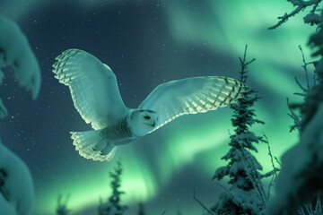 Wall Mural - Snowy owl flying in night sky with aurora borealis