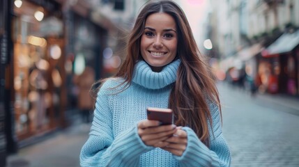 Wall Mural - The young woman with smartphone