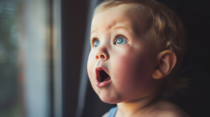 Wall Mural - A baby with blue eyes is looking out the window