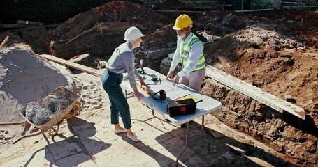 Poster - Architecture, collaboration and property development with construction worker people on building site. Blueprint, project management and mature architect team outdoor for planning from above