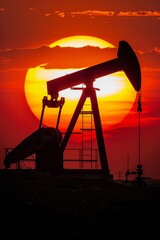 Wall Mural - A silhouette of an oil pump jack against a vibrant rising sun, symbolizing the dawn of a new day in the oil industry