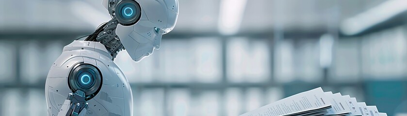 Poster - against a minimalist backdrop, a robot is engaged in managing bankruptcy paperwork, highlighting the