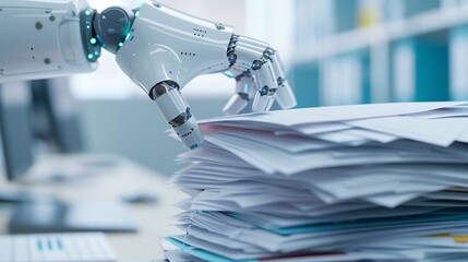 Poster - A robot efficiently handles stacks of bankruptcy documents in a clean, modern office setting, representing the future of legal work. The design features significant copy space, allowing for versatile