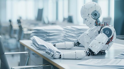 Poster - A futuristic robot sits at a desk in a modern office, meticulously handling bankruptcy paperwork. The scene captures the essence of automated legal proceedings, with ample copy space on a clean,