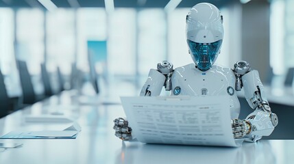 Poster - a futuristic robot sits at a desk in a modern office, meticulously handling bankruptcy paperwork. th
