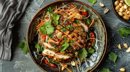 A plate of grilled chicken served with spicy papaya salad, garnished with peanuts and fresh herbs