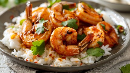 Poster - A plate of spicy grilled shrimp served with rice and garnished with cilantro leaves