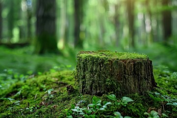 Wall Mural - old mossy stump in forest close up, natural green background. beautiful landscape. spring or summer season. copy space