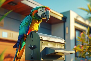 A colorful parrot sits on top of a mailbox