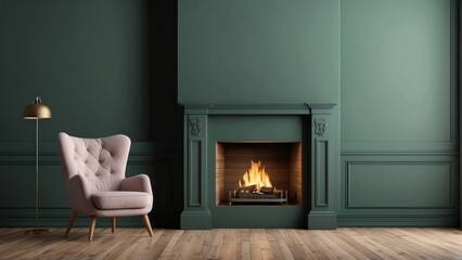 Interior home with dark classic burning fireplace and armchair on dark green wall copy space mock up