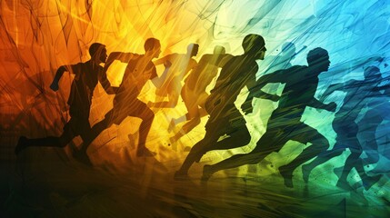 Abstract illustration background with dynamic silhouettes of a team engaging in a physical athletic activity, showcasing collaboration and movement, highly detailed photograph, ultra-sharp and clear