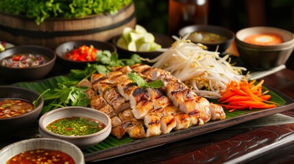 Canvas Print - A restaurant setting with a platter of grilled chicken and som tam, served with dipping sauces