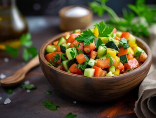 A vibrant vegetable salad with tomatoes, cucumbers, and parsley in a wooden bowl, placed on a rustic table.